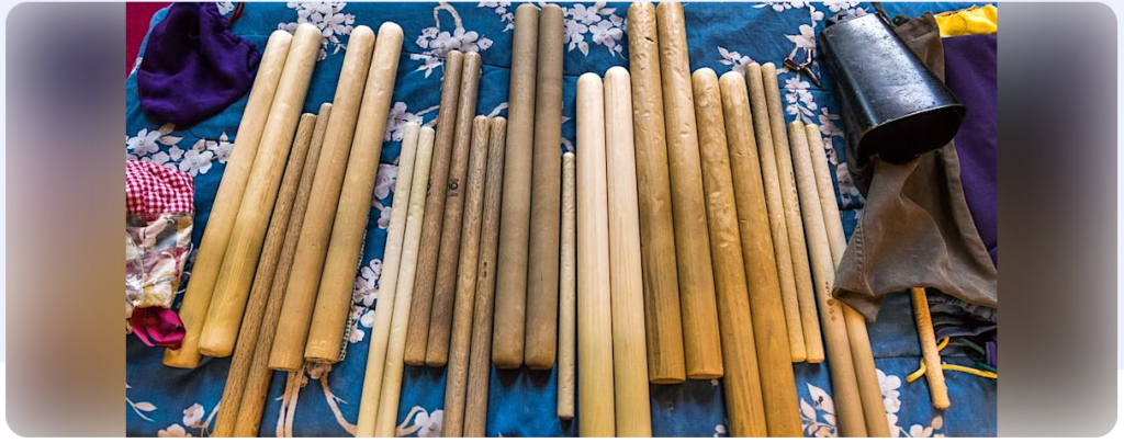 several sets of taiko drumsticks bachi