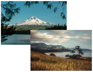 An image of Mt. Hood with an image of the Oregon Coast overlapping
